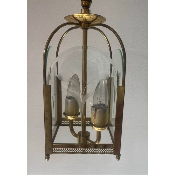 Vintage Brass and Etched Glass Hall Lantern Light Pendant Flush Mount Floral Mot - Picture 11 of 12